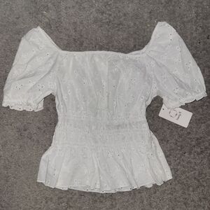 White Eyelet Puff-Sleeve Smocked Women’s Top